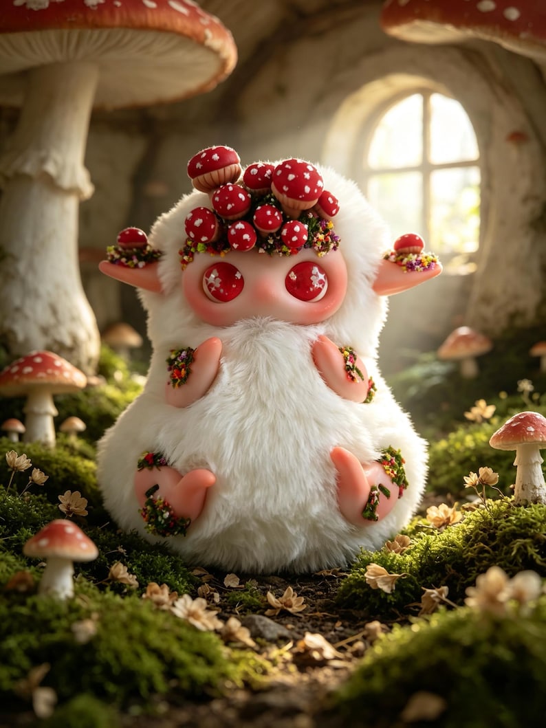 May include: A plush creature with white fur, large red eyes, and pointed ears. The creature is adorned with small red and white mushrooms and tiny colorful flowers on its head, ears, hands, and feet, sitting amidst a mossy forest floor.