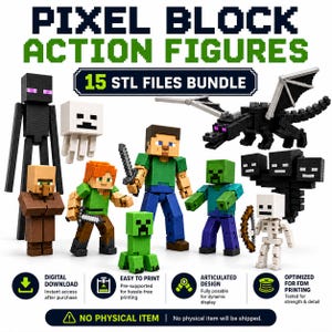 May include: A collection of 15 pixel block action figures including a tall dark figure, a white ghost, a villager, a character with a sword, a green creeper, a zombie, a dragon, a three-headed creature, and a skeleton with a bow. Text reads PIXEL BLOCK ACTION FIGURES 15 STL FILES BUNDLE.