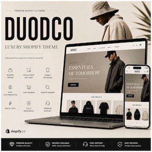May include: A laptop and smartphone display a website design with the text "DUODCO LUXURY SHOPIFY THEME". The website showcases clothing with the words "ESSENTIALS OF TOMORROW". The image also includes icons for design, customization, and support.