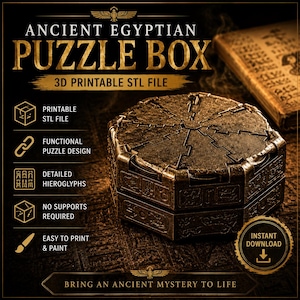 Può includere: Un file STL stampabile in 3D di un puzzle box egizio antico con finitura in bronzo metallizzato. La scatola presenta geroglifici complessi sui lati e un coperchio geometrico segmentato. Il testo include Ancient Egyptian Puzzle Box, 3D Printable STL File.