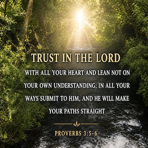 May include: Image of a sunlit forest scene with a flowing river. Text overlay reads "TRUST IN THE LORD" followed by a Bible verse. The image is framed by lush green foliage, with sunlight streaming through the trees.