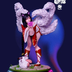 May include: A detailed figurine of a character with black hair, fox ears, and nine fluffy white tails. She wears a red and white outfit and holds a pink orb. A small, white creature with pink ears and tongue is at her feet.