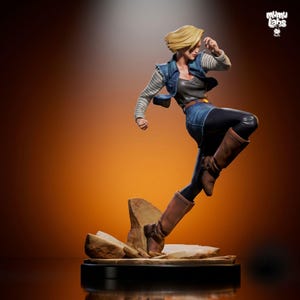 May include: A detailed figurine of Android 18 from Dragon Ball Z. The figure is in a dynamic pose, wearing a denim jacket, black leggings, and brown boots. The figure has blonde hair and is set on a rocky base. The Mumu Labs logo is visible.