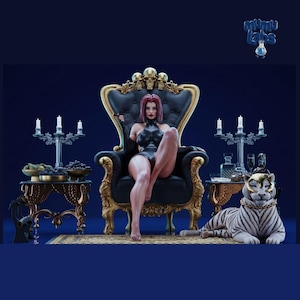 May include: Digital artwork depicting a woman in a black bodysuit seated on a throne with gold accents and skull details. A white tiger with gold accents lies at her feet. The scene includes candelabras and side tables with fruit.