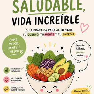 Puede incluir: Ilustración colorida que promueve la alimentación saludable. La imagen presenta un cuenco lleno de verduras, frutas y granos. El texto incluye "Comida saludable, vida increíble" y consejos para nutrir el cuerpo y la mente. La imagen fomenta hábitos alimenticios saludables.