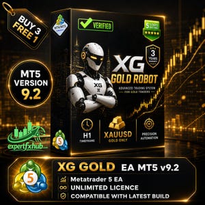 Peut inclure: Une boîte rectangulaire noire pour le logiciel de trading XG Gold Robot avec une figurine robotique blanche, du texte doré et divers badges dont Verified, 5 Stars et MT5 Version 9.2. Le design inclut des icônes pour H1 timeframe, XAUUSD et précision.