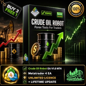 Peut inclure: Une boîte rectangulaire noire étiquetée Crude Oil Robot Forex Tools For Traders avec un graphique représentant un baril de pétrole, des pièces d'or et une flèche verte ascendante. La boîte comporte un badge vérifié, 5 étoiles et Expertfxhub.com.