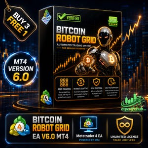 Peut inclure: Une boîte rectangulaire noire pour le système de trading automatisé Bitcoin Robot Grid avec une figure robotique, des icônes de trading et du texte incluant MT4 Version 6.0, Buy 3 Free 1 et Unlimited Licence. Design en orange et blanc sur noir.