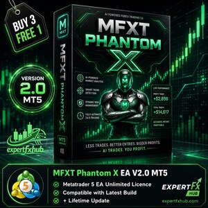 Peut inclure: Une boîte noire pour le logiciel de trading forex MFXT Phantom X avec une figure robotique, des accents vert néon et du texte incluant Version 2.0 MT5, analyse de marché par IA, détection de tendance intelligente et gestion des risques.
