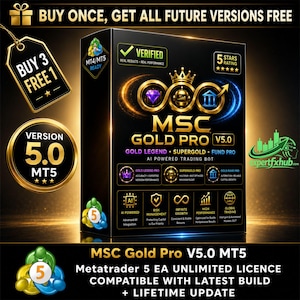 May include: A black rectangular box for MSC Gold Pro V5.0 AI powered trading bot software. The box features gold text, a crown icon, and symbols for AI, risk management, and global trading. Includes MT4/MT5 ready labels and 5-star rating graphics.