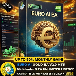 Peut inclure: Une boîte de produit pour "EURO AI EA" présente un symbole Euro doré sur un design de circuit imprimé. La boîte comprend du texte tel que "UP TO 60% MONTHLY GAIN !" et "Metatrader 5 EA UNLIMITED LICENCE". Des graphiques et du texte supplémentaires sont visibles.