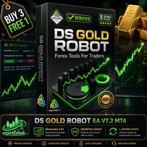 Peut inclure: Une boîte noire pour le logiciel Forex DS Gold Robot avec des graphiques néon verts représentant une courbe boursière ascendante, un badge 5 étoiles et un sceau de garantie 100% satisfaction. L'emballage indique la compatibilité MT4/MT5.