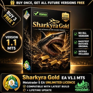 Peut inclure: Une boîte rectangulaire noire pour le logiciel de trading Sharkyra Gold avec un graphique de requin tenant des lingots d'or. Le texte inclut Sharkyra Gold, The Ultimate EA for XAUUSD Trading, Version 1.1 MT5, Verified, 5 Stars Rating et No DLL Version.