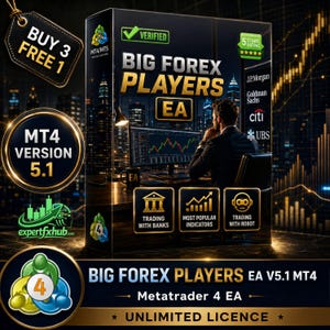 Peut inclure: Une boîte noire pour le logiciel Big Forex Players EA montrant une personne devant un ordinateur avec des graphiques financiers. Le texte inclut MT4/MT5, 5 Stars Rating, J.P. Morgan, Goldman Sachs, Citi, UBS, Trading with Banks, Most Popular Indicators.