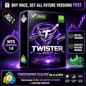 May include: A black rectangular software box for Twister Pro featuring a purple glowing tornado graphic with a white T logo and upward arrow. Text includes MT5 VERSION 1.8, LIVE SIGNAL, PROPFIRM, VERIFIED, 5 STARS RATING, and NO DLL VERSION.