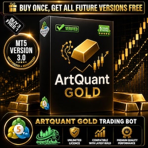 Peut inclure: Une boîte rectangulaire noire étiquetée ArtQuant GOLD avec un graphique de lingot d'or, des lignes de circuit et des graphiques en chandeliers à la hausse. La boîte affiche du texte dont MT5 VERSION 3.0, VERIFIED, 5 STARS RATING et ARTQUANT GOLD TRADING BOT.