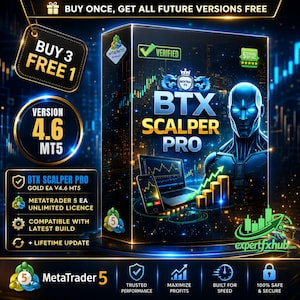 Peut inclure: Une boîte de produit rectangulaire pour le logiciel BTX Scalper Pro avec une figure robotique bleue, un ordinateur portable affichant des graphiques financiers et des piles de pièces d'or. Le texte inclut "BUY 3 FREE 1", "VERSION 4.6 MT5" et "METATRADER 5 EA UNLIMITED LICENCE".