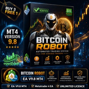 Peut inclure: Une boîte rectangulaire noire pour un système de trading automatisé Bitcoin Robot. L'avant présente une figure robotique avec un logo Bitcoin sur la tête, le texte BITCOIN ROBOT et des icônes pour Bitcoin focus, market adaptive, logic driven, risk managed.
