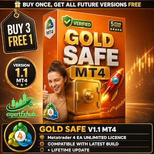 Peut inclure: Un graphique promotionnel pour le logiciel Gold Safe MT4 présentant un coffre-fort doré, une illustration de fusée et du texte incluant Buy 3 Free 1, Verified, 5 Stars Rating, Version 1.1 MT4 et Metatrader 4 EA Unlimited Licence avec mise à jour.