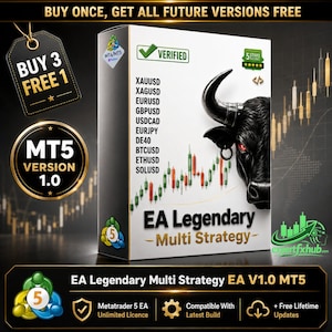 Peut inclure: Une boîte rectangulaire blanche étiquetée EA Legendary Multi Strategy avec un graphique de taureau noir, des graphiques en chandeliers rouges et verts, et une liste de paires de devises dont XAUUSD, XAGUSD, EURUSD, GBPUSD, USDCAD, EURJPY, DE40, BTCUSD, ETHUSD et SOLUSD.