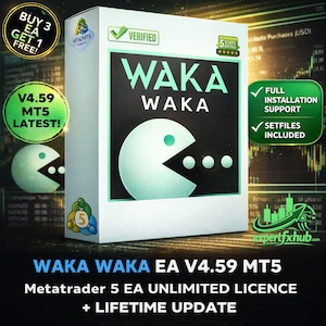 Peut inclure: Une boîte logicielle rectangulaire blanche pour Waka Waka EA V4.59 MT5 présentant un graphique vert d'un personnage circulaire avec une bouche ouverte et trois points. La boîte inclut des étiquettes pour le statut vérifié et le support complet.