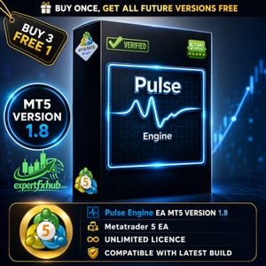 May include: A black software box labeled Pulse Engine with a glowing blue heartbeat line graphic. The box features MT4/MT5 ready badges, a verified checkmark, and a 5-star rating. Text includes MT5 VERSION 1.8, expertfxhub.com, and UNLIMITED LICENCE.