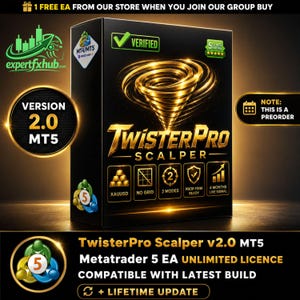 May include: A black rectangular software box for TwisterPro Scalper v2.0 MT5 featuring a gold swirling tornado graphic. The box displays text including Verified, 5 Stars Rating, XAUUSD, No Grid, 2 Modes, Prop Firm Ready, and 4 Months Live Signal.