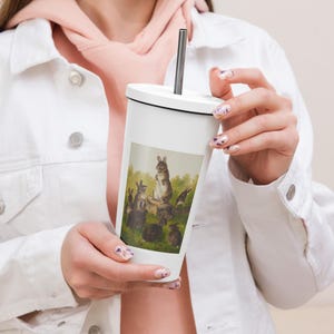 Insulated tumbler with straw "The Rabbits" 20 oz - Stainless steel travel mug with vintage paint, eco-friendly thermal mug