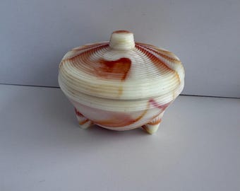 Vintage Akro Agate concentric ring footed powder jar/lid set, glows