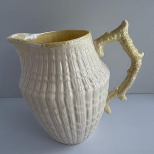 May include: A cream-colored ceramic pitcher with a textured, shell-like exterior pattern and a glossy finish. The handle is shaped like a piece of textured, light yellow coral, and the interior of the pitcher features a smooth, pale yellow glaze.