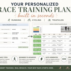 May include: A digital Google Sheets template for a personalized race training plan. The interface displays race and training details, a custom training schedule with weekly phases, and icons for running, cycling, and triathlon activities.