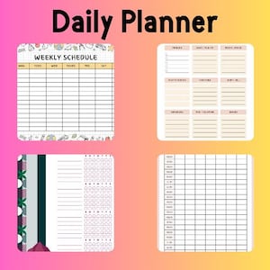 Peut inclure: Quatre modèles de planificateur quotidien sur un fond dégradé rose et jaune. Le modèle en haut à gauche est un emploi du temps hebdomadaire. Le modèle en haut à droite est pour la planification des repas. Le modèle en bas à gauche est une liste de tâches. Le modèle en bas à droite est un horaire.