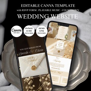 Ivoor bruiloft websitesjabloon met kanttextuur Canva bruiloft website RSVP muziek countdown timer elegante digitale uitnodiging Save the Date