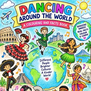 以下が含まれることがあります： Dancing Around The Worldというタイトルの塗り絵と事実の本。中央の地球儀の周りに、さまざまな文化の伝統的な衣装を着た子供たち、ランドマーク、音符、カラフルな案内標識のイラストが描かれています。