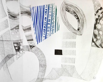 Neutral grey and blue art, original contemporary wall decor, mixed media art, pencil drawing with lino block print - 33 x 24 cm