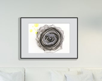 black and white minimalist mandala, yellow bubble pop, abstract circles, water ripples, abstract original painting 50x35cm