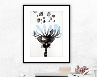 floral watercolour, abstract botanical, painting on paper black and white, pale blue 37 x 52 cm