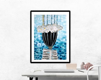 Fragmented blue, sky ladder, abstract flower, original art, watercolour painting 52x37cm