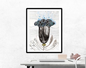 cloud flower, chalice, abstract botanical painting, single flower, original art on paper, black and white, progress story 37 x 52 cm