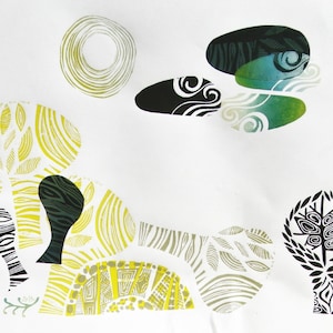 blokgedrukt origineel lino monoprint abstract boslandschap A3