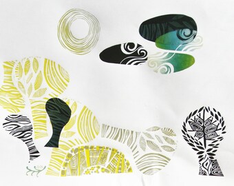 block printed original lino monoprint abstract forest landscape A3