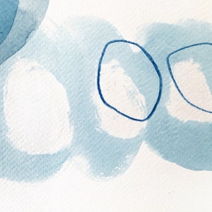blue bubbles, abstract landscape, 7 o'clock, watercolour collage, black ink circle, original artwork, 32x24cm image 2