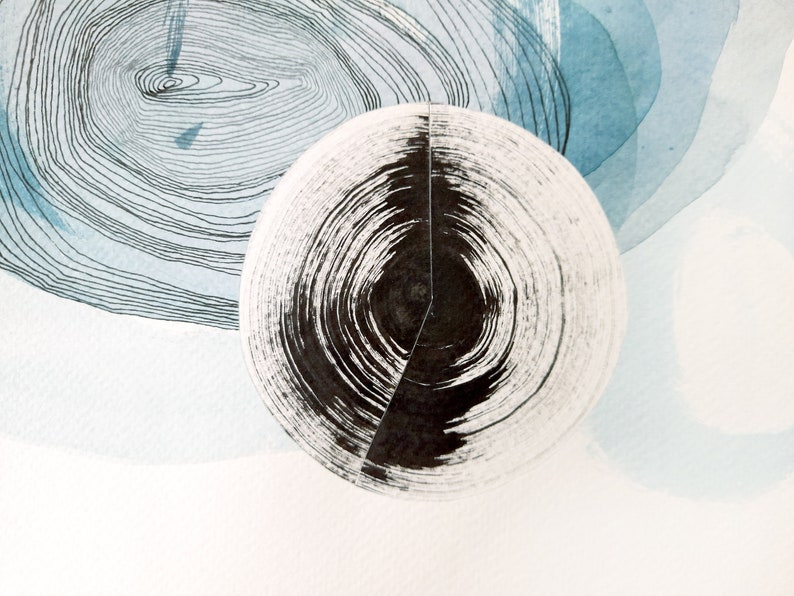 blue bubbles, abstract landscape, 7 o'clock, watercolour collage, black ink circle, original artwork, 32x24cm image 4