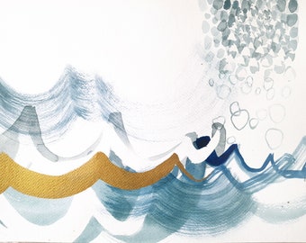 blue waves, sea, storm, bubbles, golden wave, original watercolour 32x24 cm