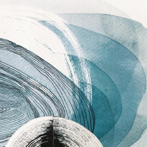 blue bubbles, abstract landscape, 7 o'clock, watercolour collage, black ink circle, original artwork, 32x24cm image 3