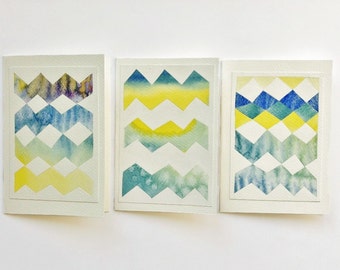 watercolor abstract chevron paper zigzag original handcut collage inlay cards - set of 3