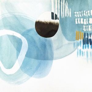 cerchi e linee blu, dipinto originale astratto, acquerello contemporaneo, collage di carta, colori pastello, 32 x 24 cm