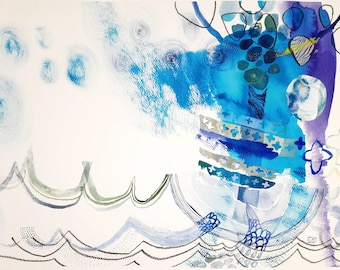 Blue waves, abstract seascape painting, original art 50x35cm