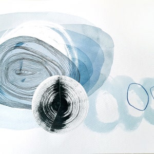 blue bubbles, abstract landscape, 7 o'clock, watercolour collage, black ink circle, original artwork, 32x24cm image 1