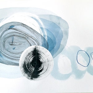 Burbujas azules, paisaje abstracto, 7 en punto, collage de acuarela, círculo de tinta negra, obra de arte original, 32 x 24 cm